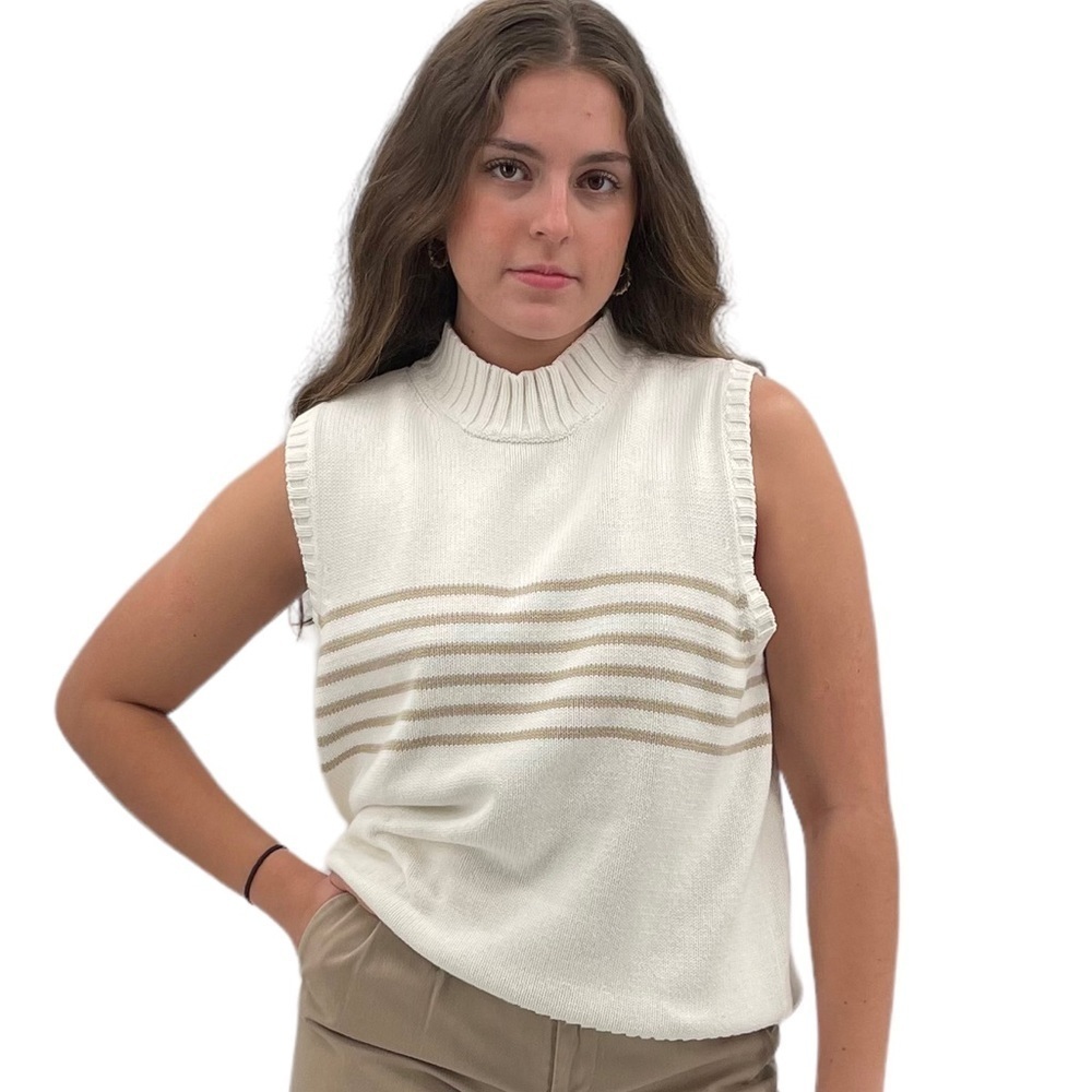 Vintage Liz Claiborne Sleeveless Sweater High Neck Chunky Knit Cream Tan | XL